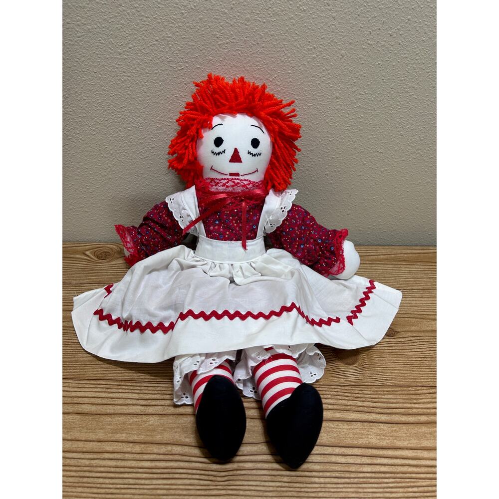 Vintage Raggedy Ann Style Cloth Doll Red Yarn Hair Apron Dress Handmade Look Red